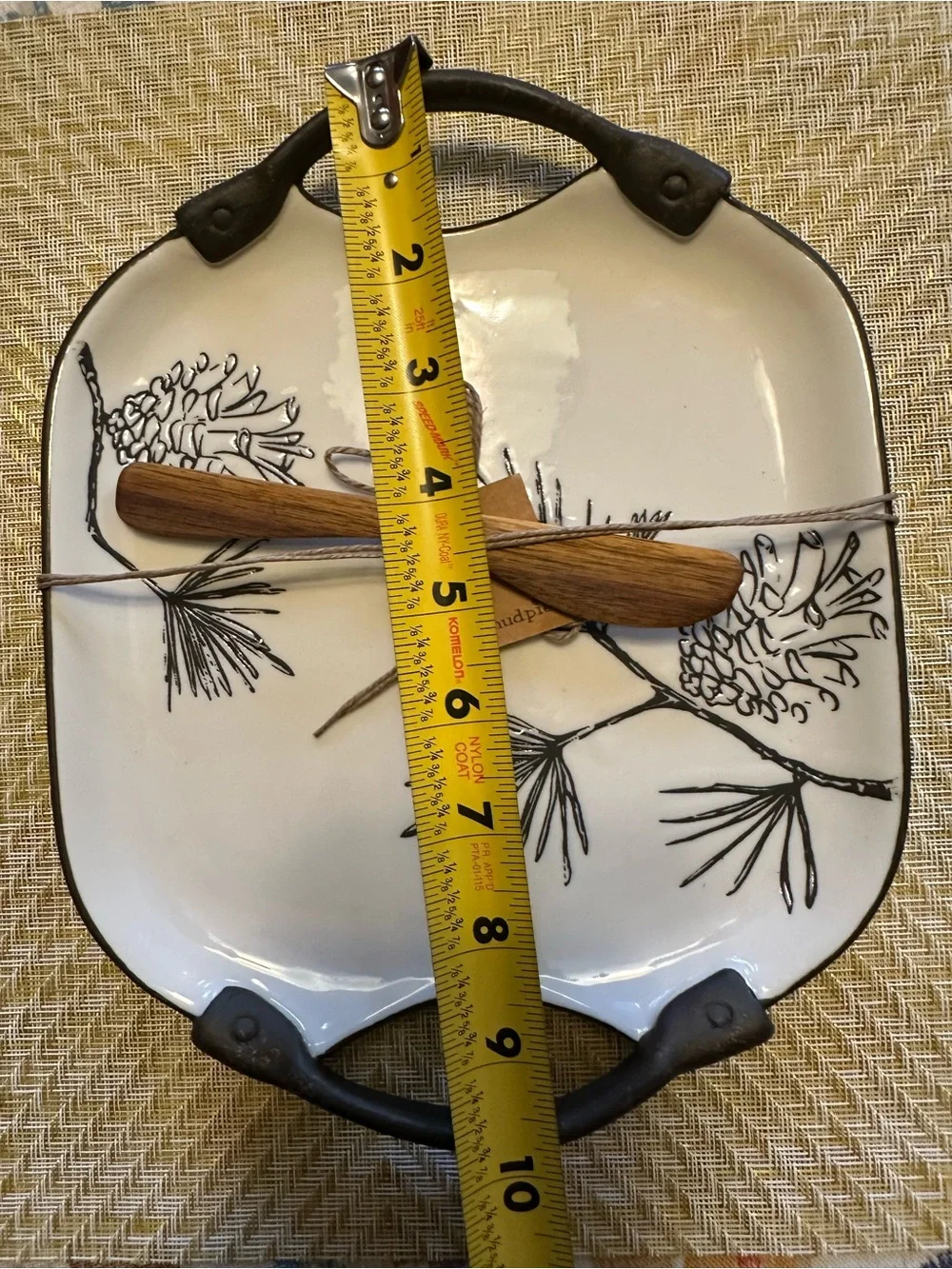 Mud Pie White Ceramic Tray with Black Pinecone Illustration and Iron Handles